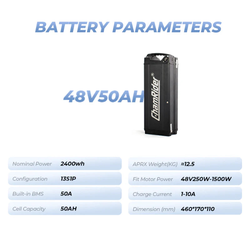 ChamRider 50AH Super Fish Battery - 48V E-bike Battery | DT450/DTS425 Compatible | Polymer cell, 50A BMS | Large-Capacity for European Food Delivery Riders
